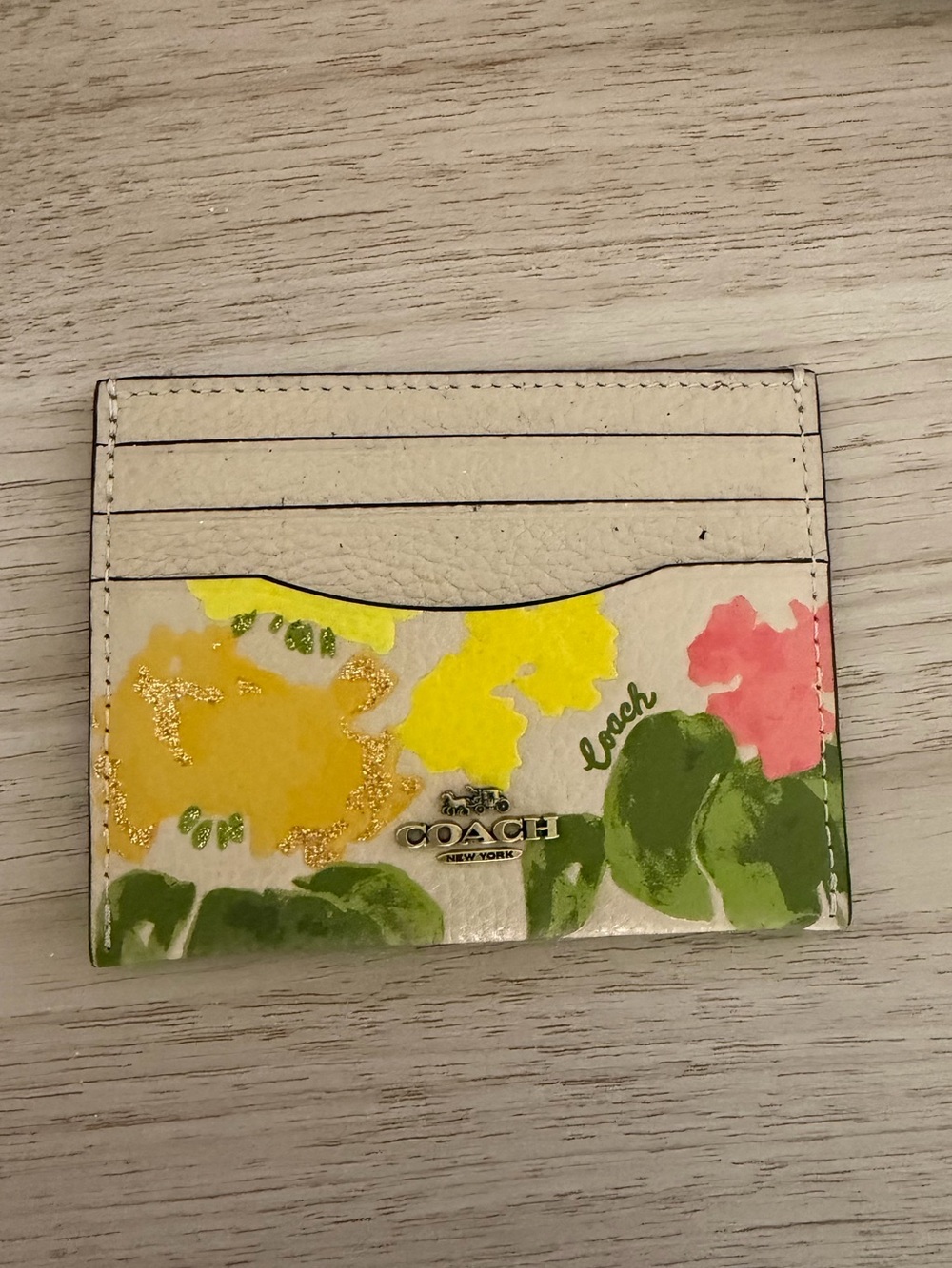 Coach Floral Card Holder in Cream, Yellow, Pink & Green - Picture 1 of 4